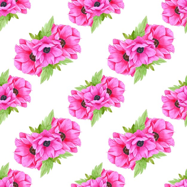 Hand drawn watercolor pink anemone flower seamless pattern Isolated on white background Can be used for textile fabric wrapping paper