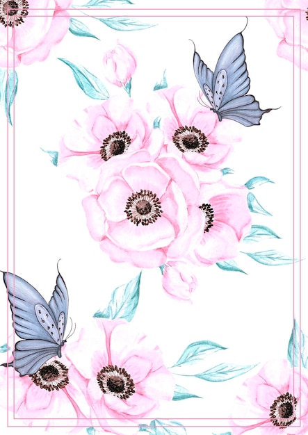 Hand drawn watercolor pink anemone flower with butterfly card Isolated on white background Scrapbook post card banner lable poster