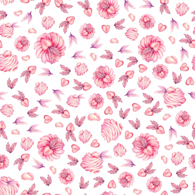 Hand drawn watercolor pink heart cupcake seamless pattern