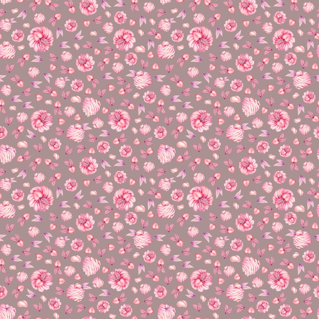 Hand drawn watercolor pink heart cupcake seamless pattern