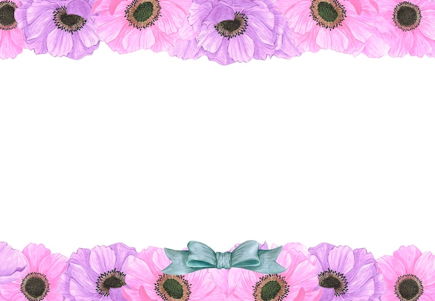 Hand drawn watercolor pink and purple anemone flowers frame border isolated on white background Can be used for post card poster and other printed products