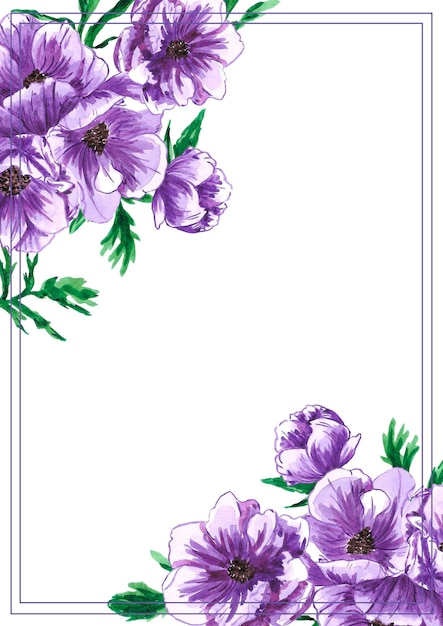 Hand drawn watercolor purple anemone flower card Isolated on white background Scrapbook post card banner lable