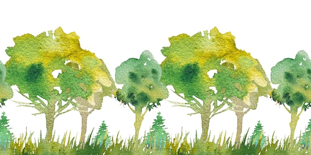 Hand drawn watercolor seamless border of a fragment of a forest deciduous and coniferous trees