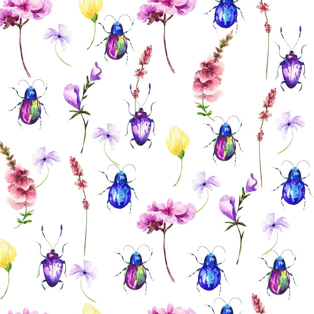 Hand drawn watercolor seamless pattern of bright colorful realistic bug and flowers Mixed media art