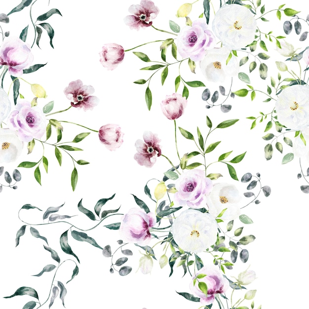 Hand drawn watercolor seamless pattern of flowers amd leaves