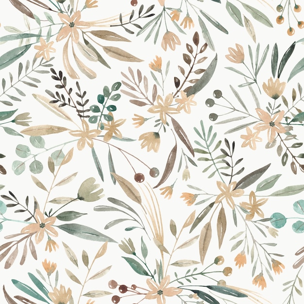 Hand drawn watercolor seamless pattern. Wild plants, wild flowers. Cute meadow with different plants and flowers.