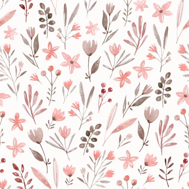 Hand drawn watercolor seamless pattern. Wild plants, wild flowers. Cute meadow with different plants and flowers