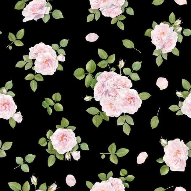 Hand drawn watercolor seamless pattern with pink rose flowers