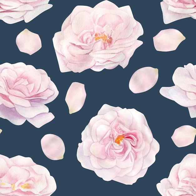 Hand drawn watercolor seamless pattern with pink rose flowers