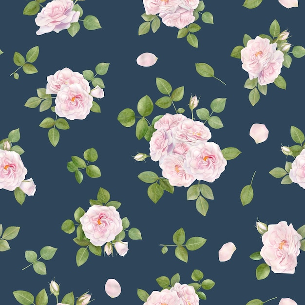 Hand drawn watercolor seamless pattern with pink rose flowers