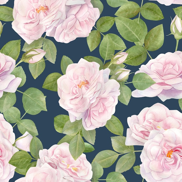 Hand drawn watercolor seamless pattern with pink rose flowers