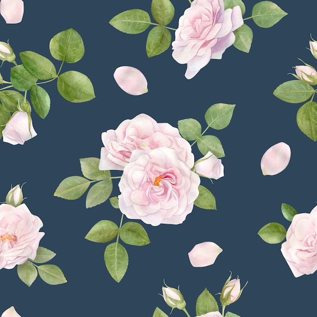 Hand drawn watercolor seamless pattern with pink rose flowers