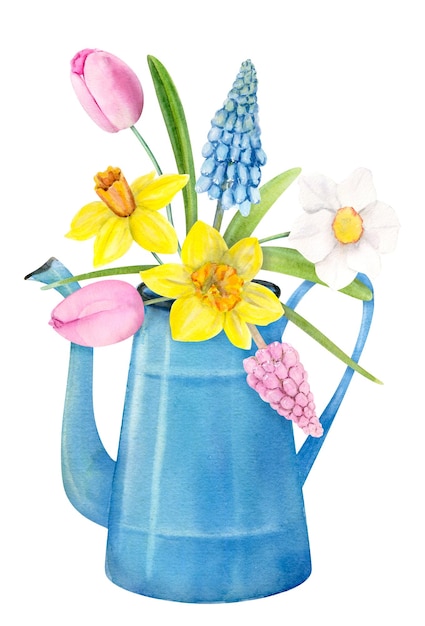 Hand Drawn Watercolor Spring Bouquet In A Blue Teapot