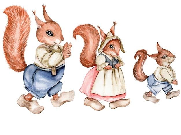 Hand drawn watercolor squirrel. Watercolor hand draw fairy tale illustration. Illustartion with whit