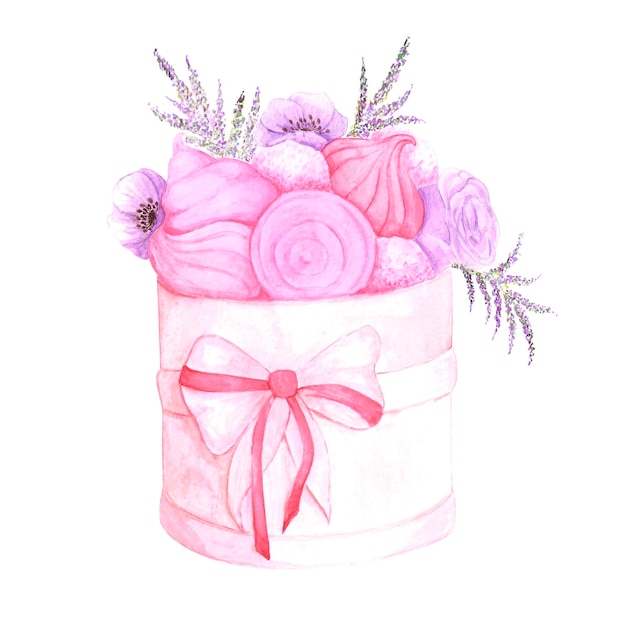 Hand drawn watercolor sweets and flowers in a basket isolated on white background