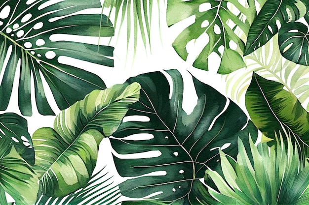 Hand drawn watercolor tropical plants background Exotic palm leaves jungle tree brazil tropic botany