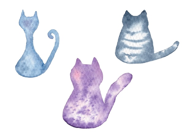 Hand drawn watercolor various cats back view