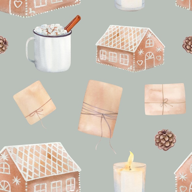 Hand drawn watercolor winter seamless pattern with gingerbread house