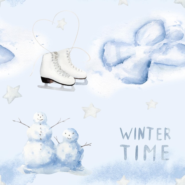 Hand drawn watercolor winter seamless pattern with a snow angel and skates