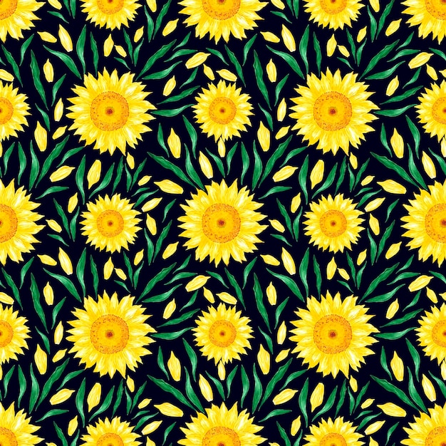 Hand drawn watercolor yellow sunflower seamless pattern isolated on black background Can be used for Giftwrapping textile fabric wallpaper and other printed products