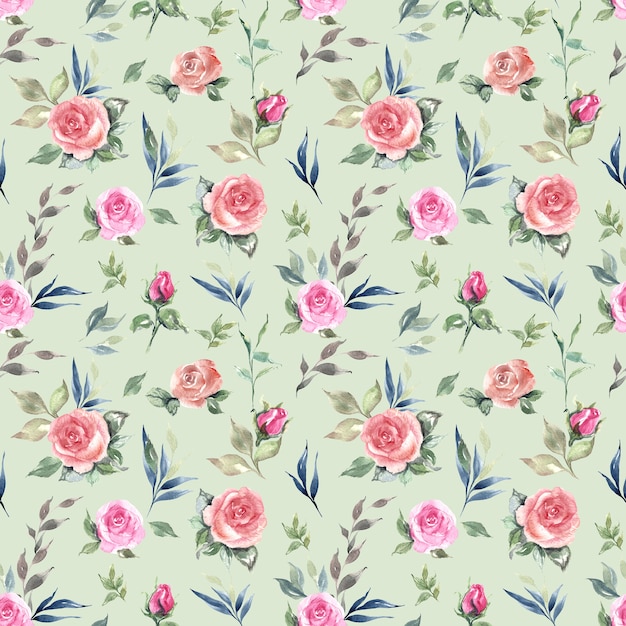 Hand drawn watercolour roses and leaves seamless pattern