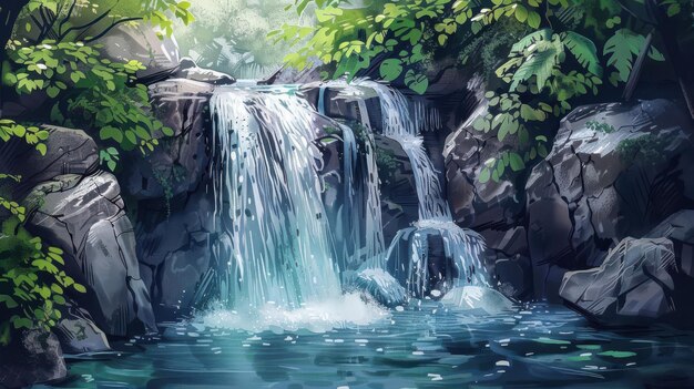 Photo hand drawn waterfall cascading water detailed rocks vibrant greenery textured background