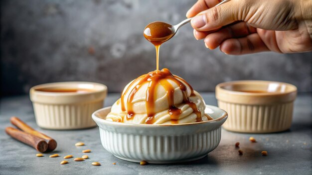 Photo a hand drizzling caramel sauce over a bowl of vanilla ice cream with the sauce forming a perfect spiral