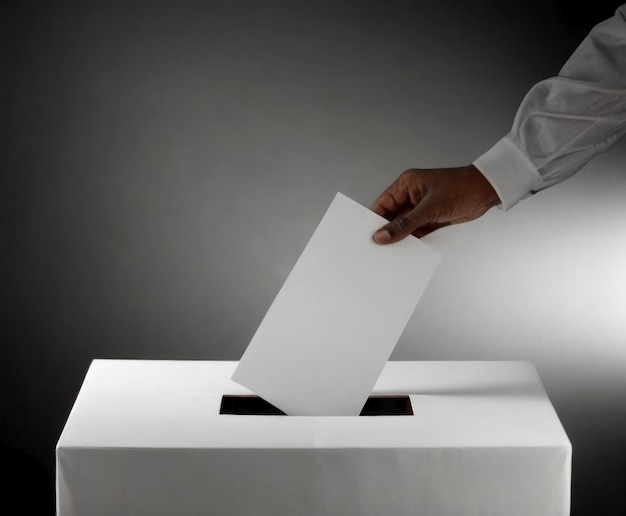 A hand drops the ballot into a white ballot box against an empty background