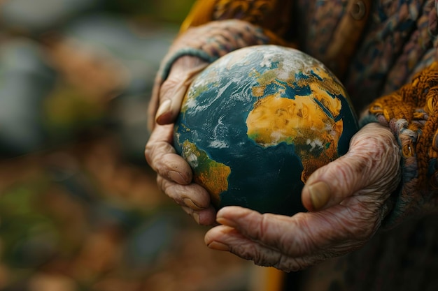 Hand of elderly lady holding Earth Reflecting renewable energy and sustainable environment AI Image