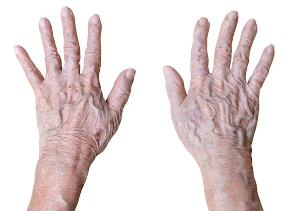 Hand of elderly woman isolated on white background with clipping path