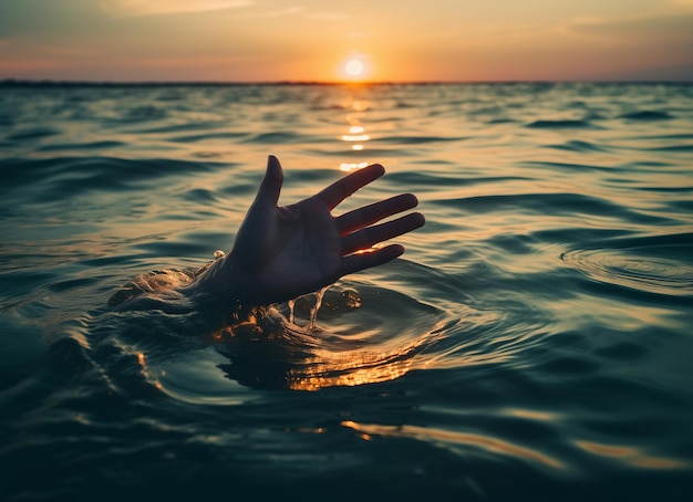 Hand Emerges from Water at Sunset Depicting a Request for Help in Compelling Image