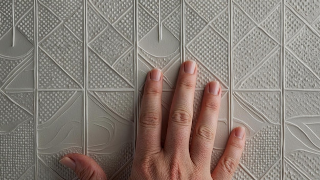 A hand exploring textured wall art showcasing modern geometric patterns