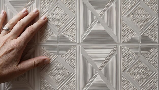 Photo a hand exploring textured wall art showcasing modern geometric patterns