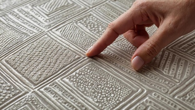 A hand exploring textured wall art showcasing modern geometric patterns