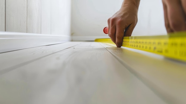 Hand extending a tape measure along a newly installed floor