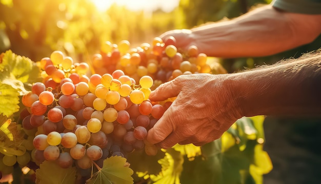 Hand farmer holdind ripe grapes in the vineyard field at sunset