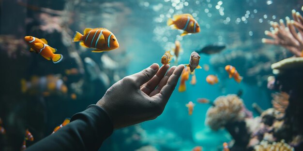 Photo hand feeding colorful clownfish in large aquarium with beautiful coral reef scenery