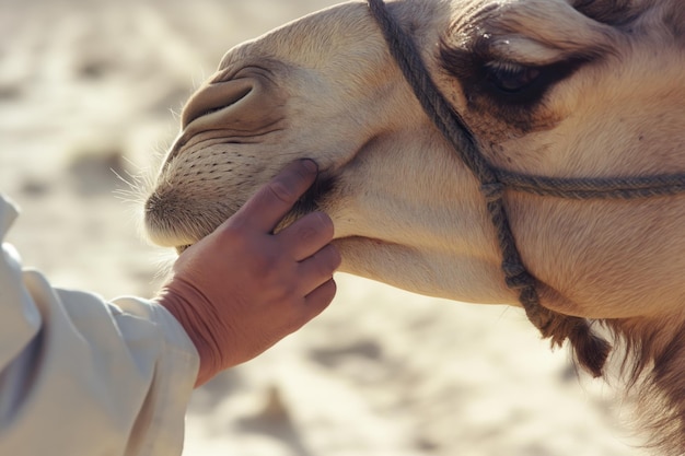 Photo hand feeding a friendly camel in a desert setting