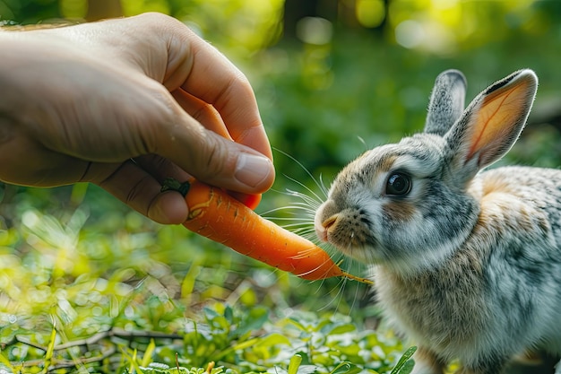 Photo hand feeding rabbit with a carrot