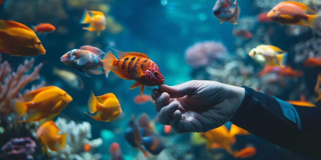 Hand Feeding Tropical Fish in a Vibrant Aquarium