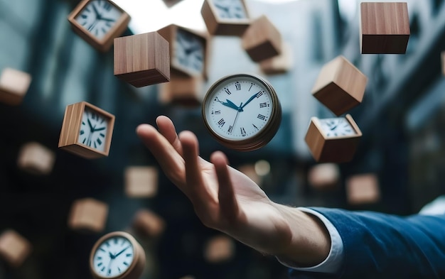 Photo a hand floats among clocks symbolizing the passage of time and its valuable nature in a creative and surreal setting