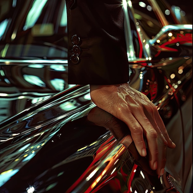 Photo a hand gently caresses the sleek black surface of a luxury car