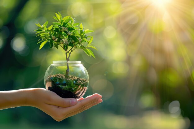 A hand gently cradles a small potted plant bathed in the warm glow of sunlight filtering through the leaves of a nearby tree