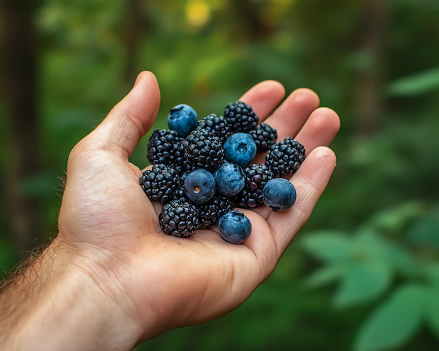 Photo a hand gently holding a mix of freshly picked wild berries