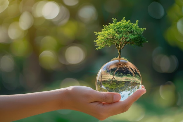 A hand gently holds a glass orb containing a small tree symbolizing the delicate nature of our planet