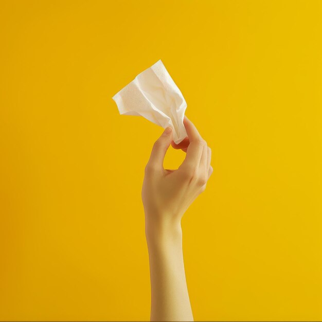 Hand gently holds tissue against bright yellow backdrop