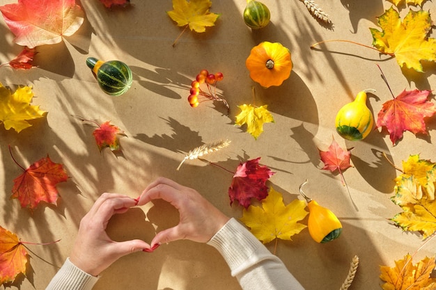 Hand gesture heart sign Fall leaves and pumpkins on beige recycled background