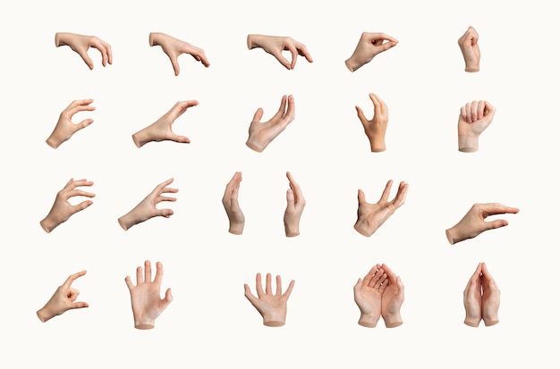 Hand gesture set various signs White background isolated different arm positions Palm fist