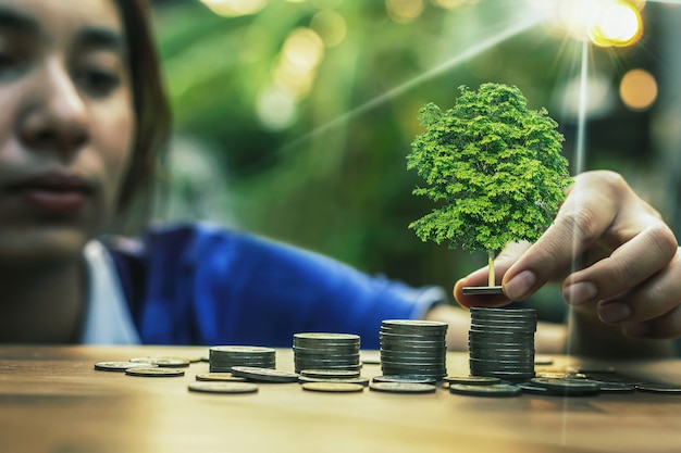 Hand giving a coin to a tree growing from pile In coin Money. Financial accounting, Investment Concept.