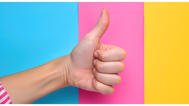 Hand giving a thumbsup gesture against a vibrant background conveying agreement and encouragemen